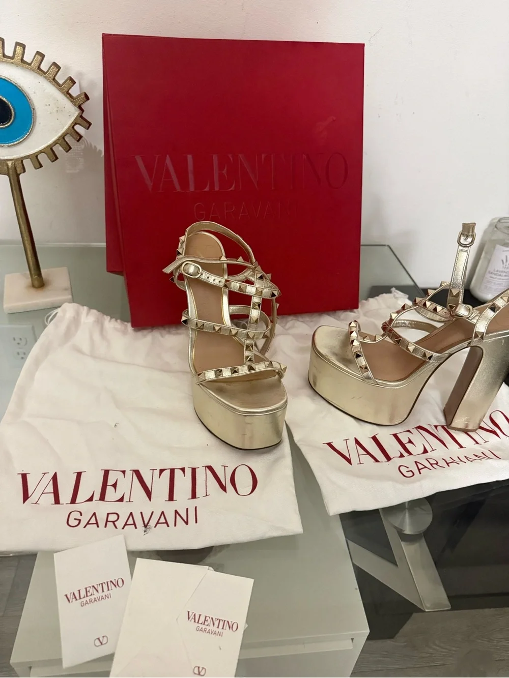 Valentino Rockstud Platform Heels Gold